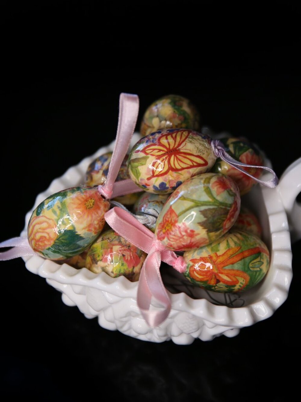 Dozen Paper Mache Easter Egg Ornaments Decoupage Bunny Lot of 12